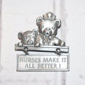 🧸💉✨ VINTAGE JJ NURSES “MAKE IT ALL BETTER!” BROOCH · 2" WIDE